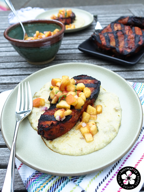 red chile pork with polenta peach salsa