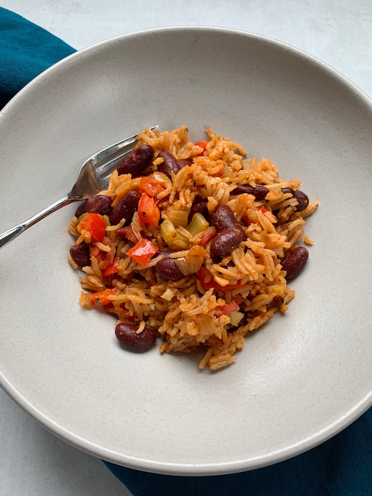 Red Bean Jambalaya in a white bowl.
