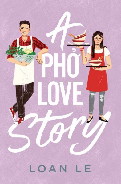 Illustrated book cover on a lavender background, featuring a Vietnamese American boy with short black hair holding a strainer with bean sprouts and Thai basil and a Vietnamese American girl holding up a tray with two pho bowls on it.
