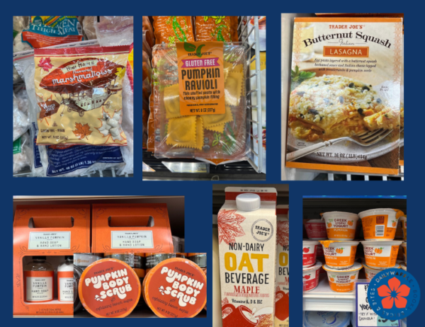 Collage of Trader JOe's fall products including Maple Mini Marshmallows, Gluten Free Pumpkin Ravioli, Butternut Squash Lasagna, Pumpkin Body Scrub, Vanilla Pumpkin Hand Soap and Lotion,Maple Non Dairy Oat Beverage, and Pumpkin Greek Yogurt, 