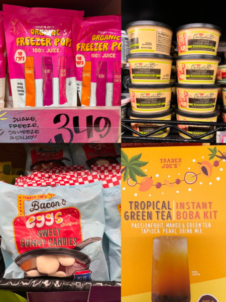 Trader Joe's collage with freezer pops, unexpected cheddhar hatch chile spread, bacon and eggs shaped gummies, and Tropical Green Tea Boba Kit.