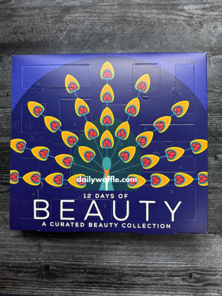 Trader Joe's 12 Days of Beauty 2024 with a peacock design on the front