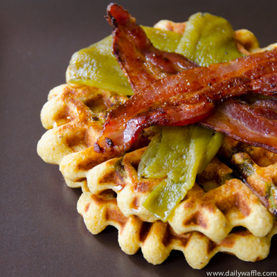 masa waffles with hatch chiles and bacon| dailywaffle