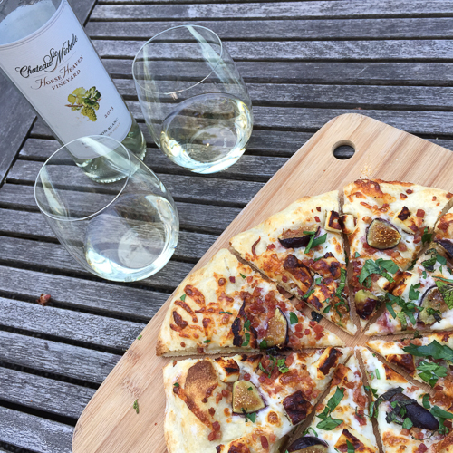 pancetta fig haloumi pizza with wine