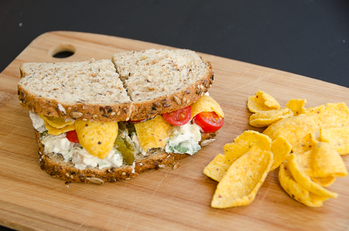 hatch chile chicken salad sandwich with fritos| dailywaffle