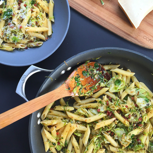 penne with brussels sprouts chile and pancetta | dailywaffle