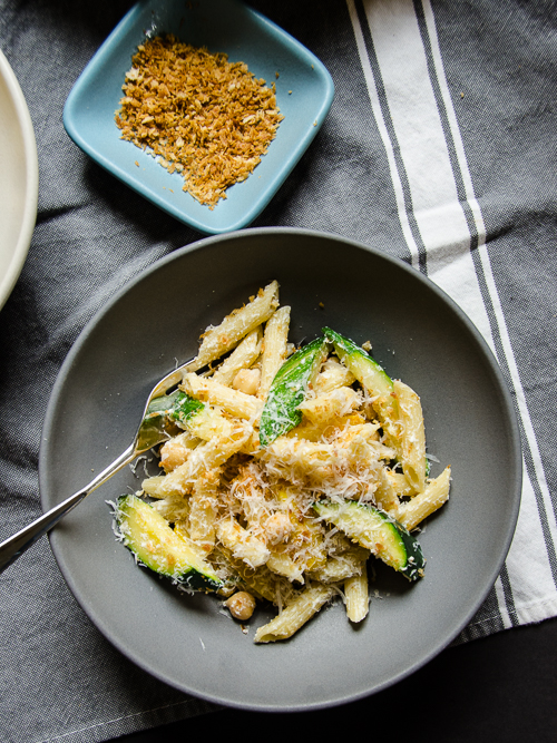 penne with zucchini, ricotta and chickpeas in a bowl |dailywaffle