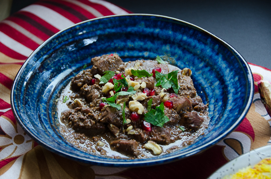 fesenjun persian chicken stew with pomegranate and walnuts