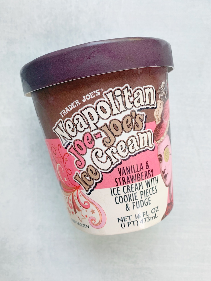 Neapolitan Joe-Joe's Ice Cream pint with brown, pink and white stripes to represent neapolitan ice cream flavors.