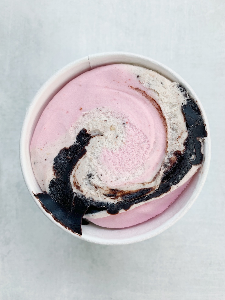 neapolitan joe-joe's is strawberry and vanilla ice cream with cookie pieces and a fudge ribbon