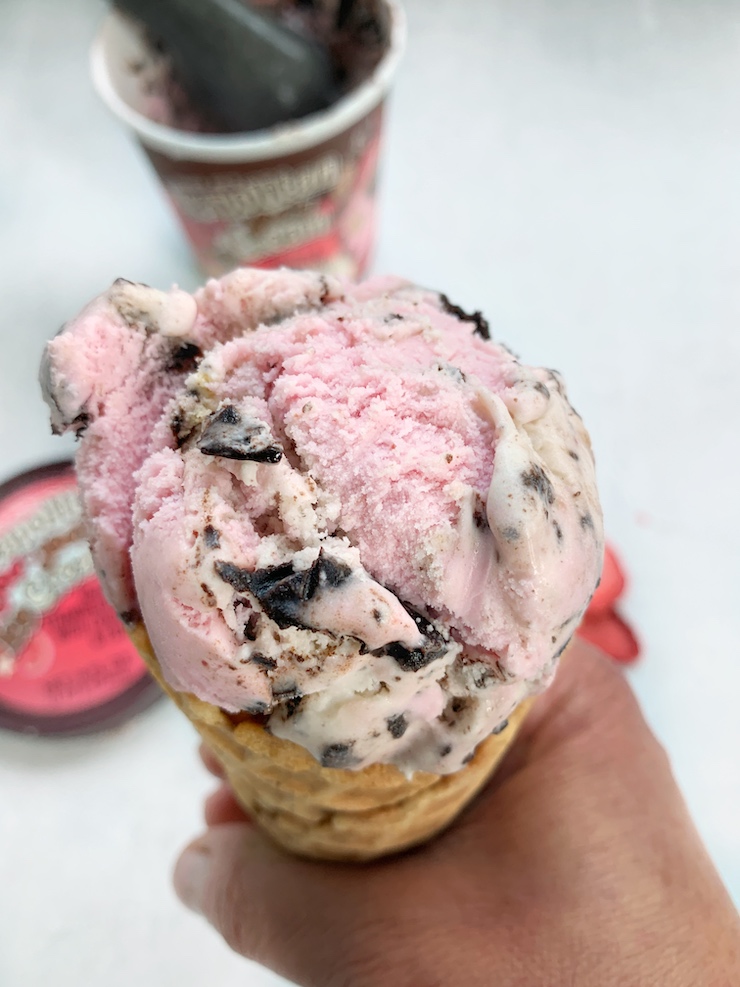neapolitan joe-joe's ice cream combines strawberry and vanilla ice cream with cookie pieces and a fudge ribbon