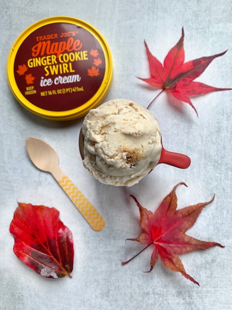 Trader Joe's Maple Ginger Cookie Swirl Ice Cream scoop with 3 red leaves and a spoon.