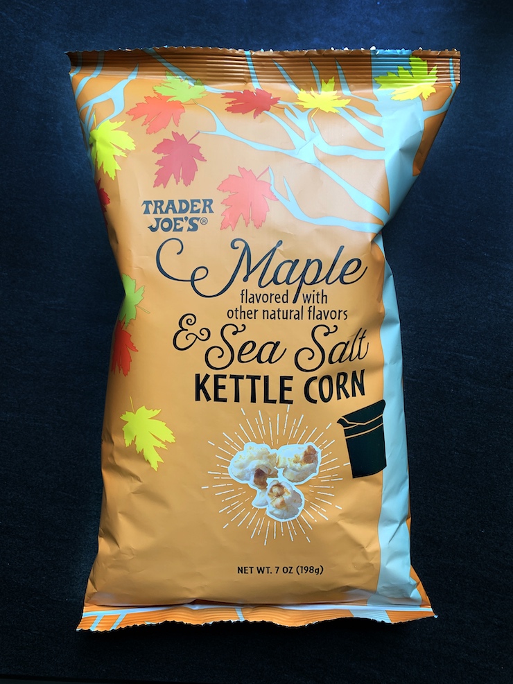 Bag of Trader Joe's Maple and Sea Salt Kettle Corn on a black background.