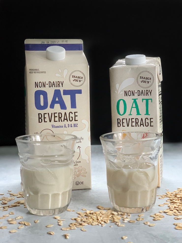 Trader Joe's Non-Dairy Oat Beverage in a glass.
