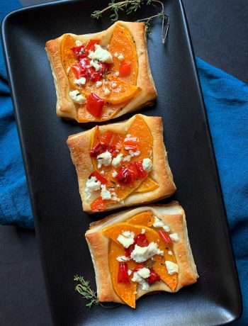 butternut squash and feta mini tarts with roasted ppers