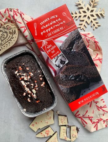 Trader Joe's Chocolate Peppermint Loaf in a pan next to the package it comes in.