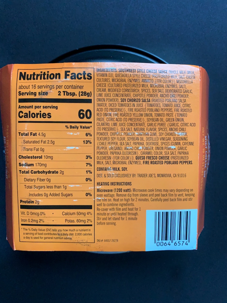 Trader Joe's Queso Fundido package back with nutrition facts.