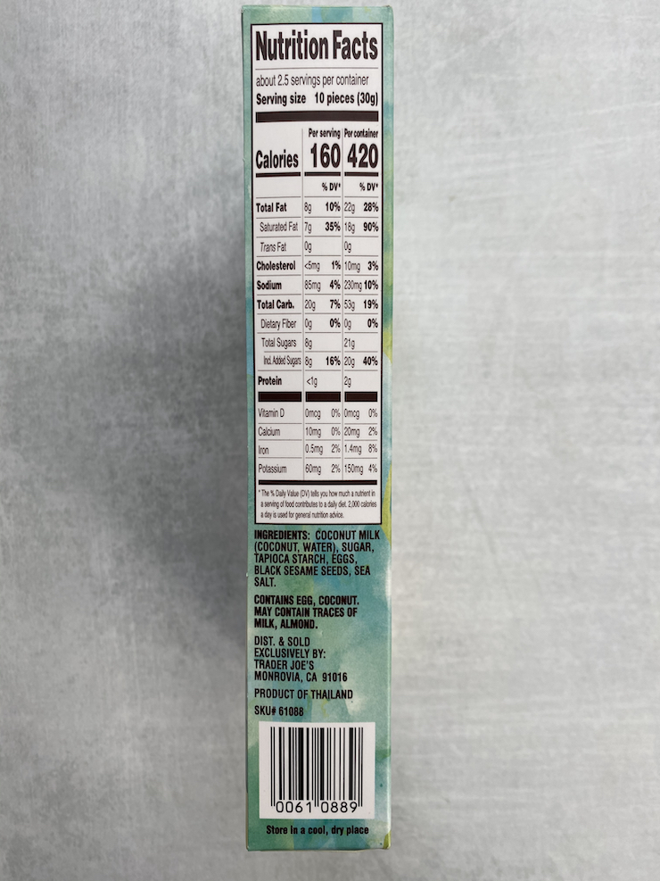 Trader Joe's Coconut Crispy rolls Nutrition Facts on the side of the box.