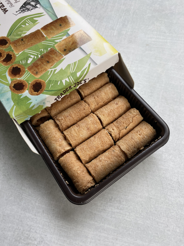 Trader Joe's Coconut Crispy rolls sticking out of the box.