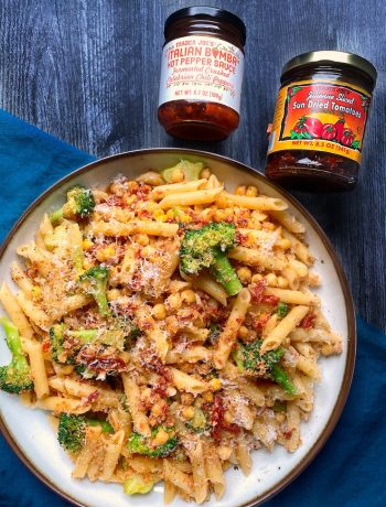 pantry pasta with chickpeas sun dried tomatoes and broccoli.