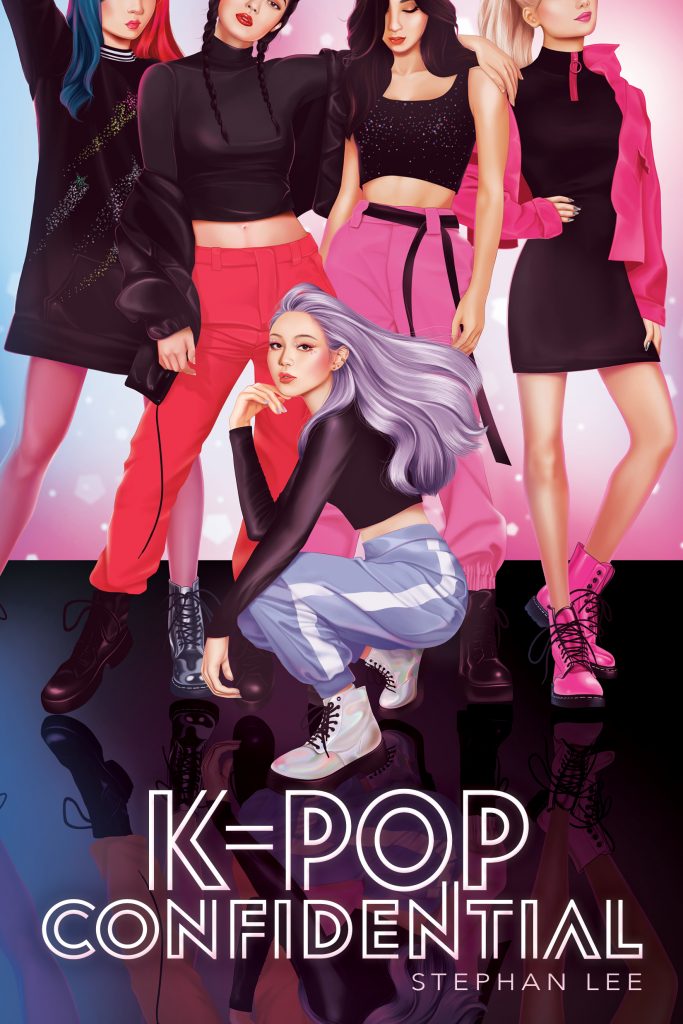 k-pop confidential book cover features 5 girl group members wearing black and magenta or red, with 4 standing, one kneeling down. 