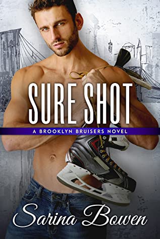 sure shot by sarina bowen cover with a shirtless man with hockey skates slung over his shoulder