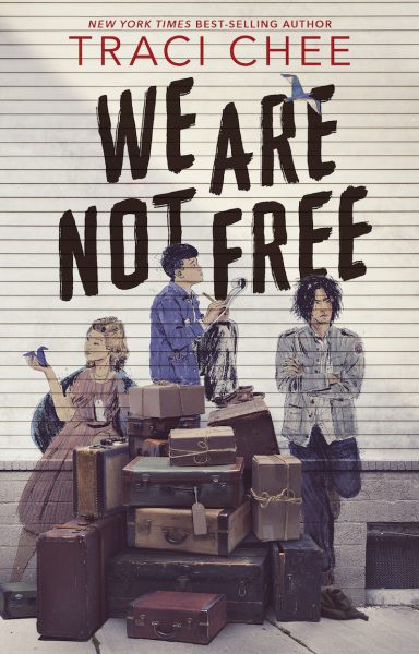 we are not free book cover with 3 teenage Japanese Americans on the cover  awaiting transport to a temporary detention center