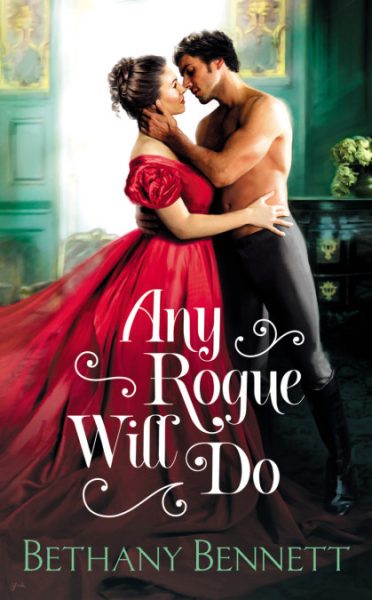 Any Rogue Will do Cover with a woman in a red Regency Era dress in a clinch with a shirtless man in gray pants
