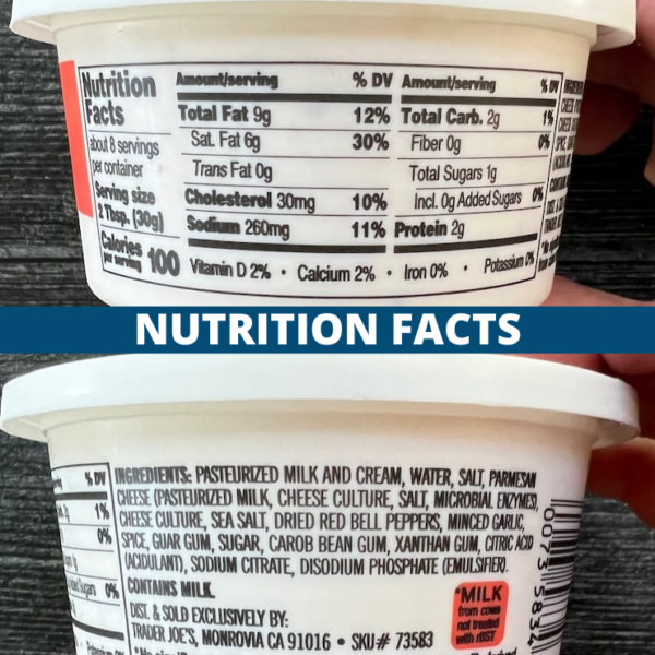 Nutrition facts and ingredient list for Trader Joe's Red Bell Pepper, Garlic and Parmesan Cream Cheese.