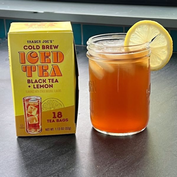 Trader Joe's Cold Brew Iced Tea in a mason jar with lemon