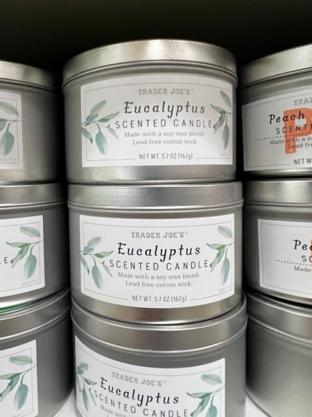 Eucalyptus scented candles in small metal tins on the shelf in a Trader Joe's store.
