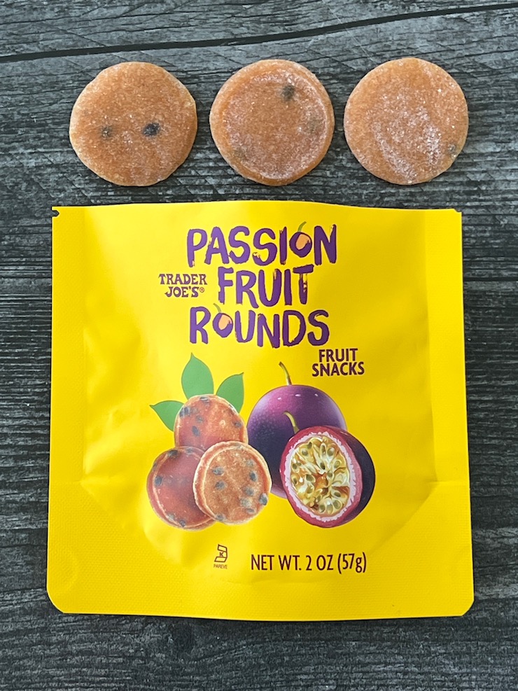 3 Passion Fruit Disks in a row above the opening of the Passion Fruit Rounds package. 