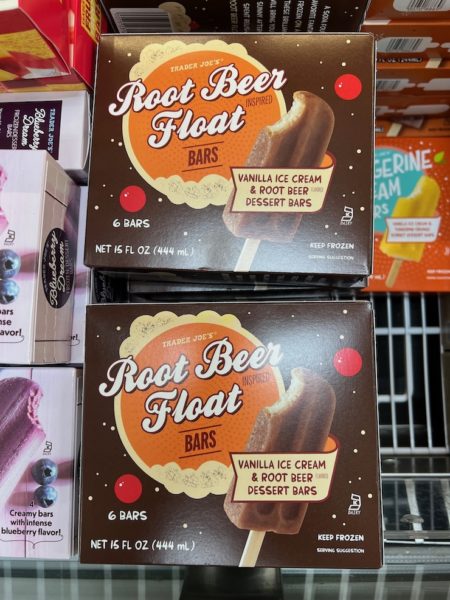 Boxes of Trader Joe's Root Bear Float bars shown in the freezer section of a Trader Joe's store. 