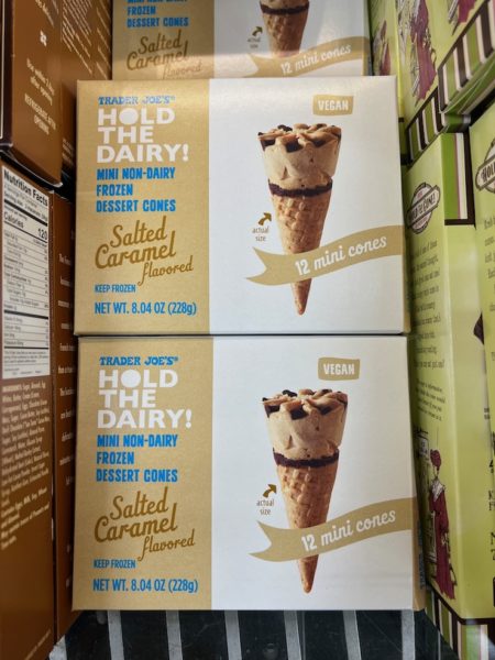 Trader Joe's Hold the Dairy Salted Caramel mini cones in the freezer section at a Trader Joe's store. 