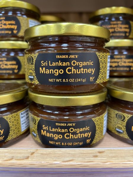 Trader joe's Scri Lankan Organic Mango Chutney on the shelf in a Trader Joe's store. 