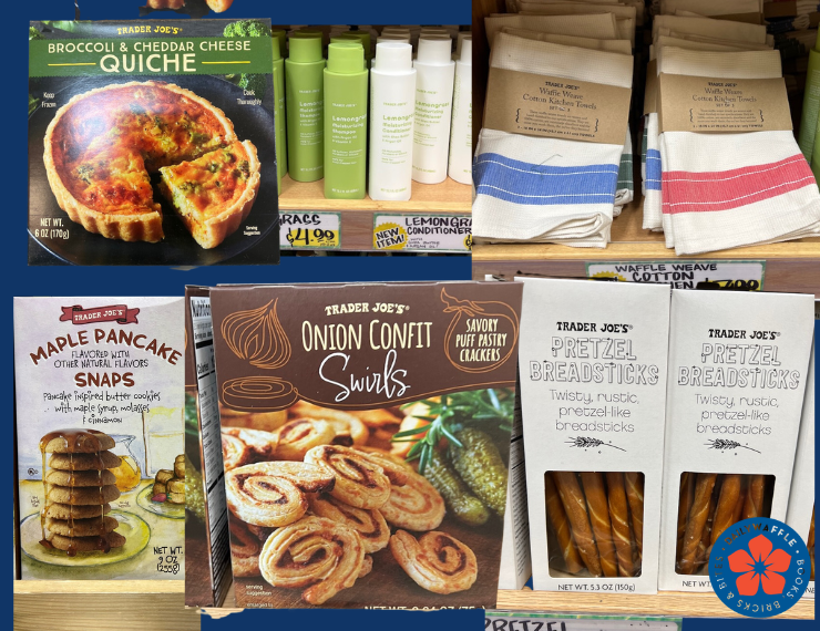 Collage of new Trader Joe's products including Broccoli and Cheddar Cheese Quiche, Lemongrass Shampoo and Conditioner, White Waffleweave Kitchen Towels with a Red or Blue stripe, Maple Pancake Snaps, Onion Confit Swirls, and Pretzel Breadsticks.