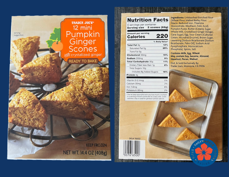 Trader joe's Mini Pumpkin Ginger Scones with Nutrition Facts.