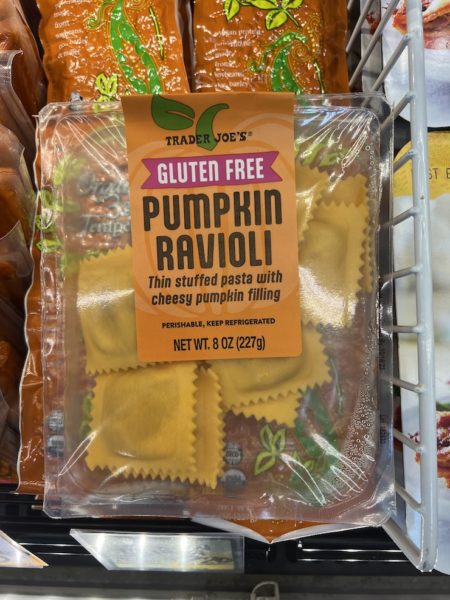 Package of Trader Joe's Gluten Free Pumpkin Ravioli in a Trader Joe's store. 