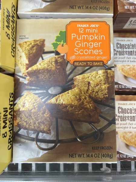 Box of 12 Mini Pumpkin Ginger Scones in the freezer section at a Trader Joe's store.