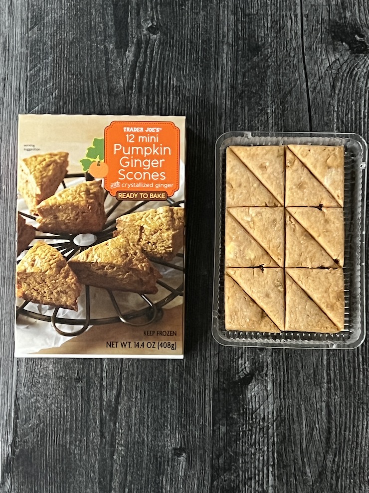 Trader Joe's Mini Pumpkin Ginger Scones box with its plastic tray of unbaked scones. 