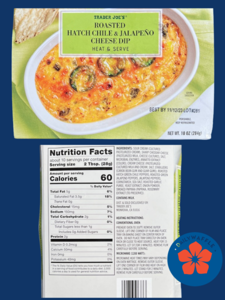 Roasted Hatch Chile & Jalapeno Cheese dip package and nutrition facts.