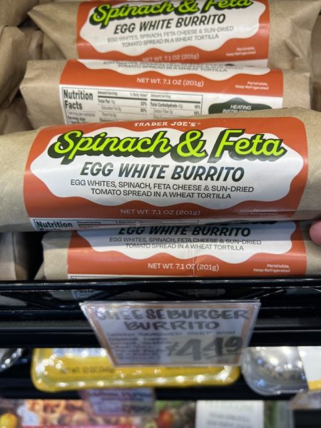 Spinach and Feta Egg White Burritos in the refrigerated section at a Trader Joe's store.