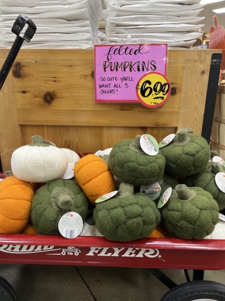 Felted wool pumpkings in white, orange and green in a red Radio Flyer wagon at a Trader Joe's store.