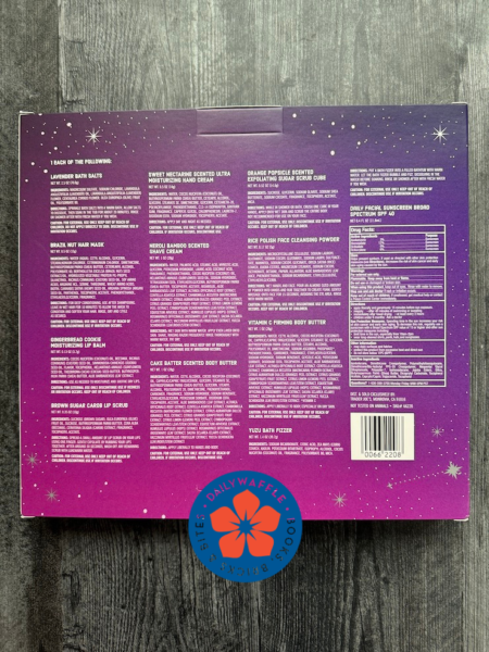 Back of the 12 Days of Beauty Advent Calendar box with item descriptions and ingredient lists. 
