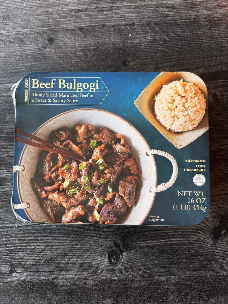 Trader Joe's Beef Bulgogi package on a weathered wood background.