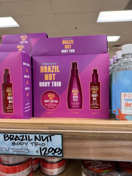 Boxes of Trader Joe's Brazil Nut Body Trio on shelves in stores. 