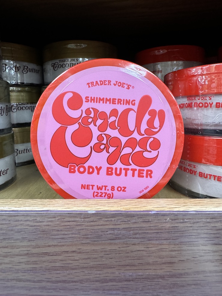 Trader Joe's Shimmering Candy Cane  Body Butter on shelves in stores.