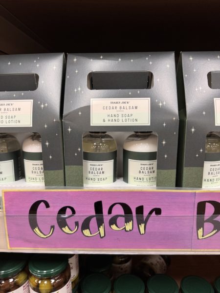 Trader Joe's Cedar Balsam Hand Soap and Lotion set on shelves in stores.