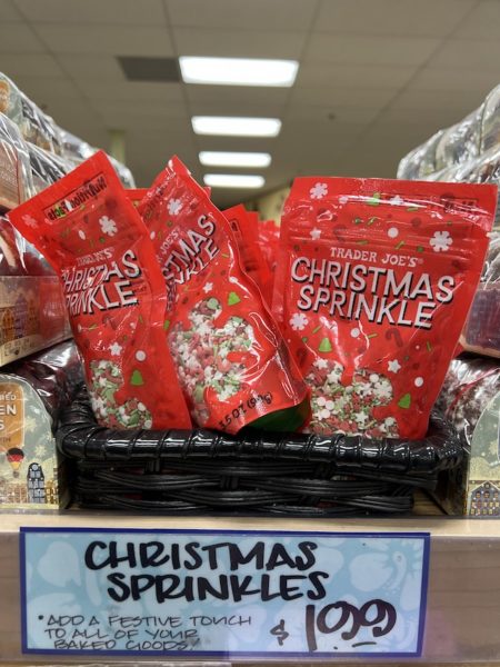 Trader joe's Christmas Sprinkle in red bags on display in stores. 
