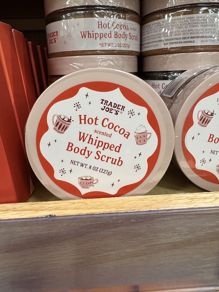 Trader Joe's Hot Cocoa Scented Whipped Body Scrub on shelves in stores.